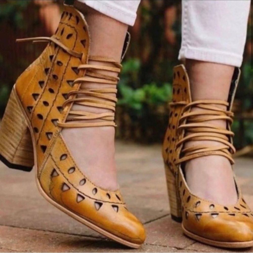 {free bird by Steven} flute heels tan lace up